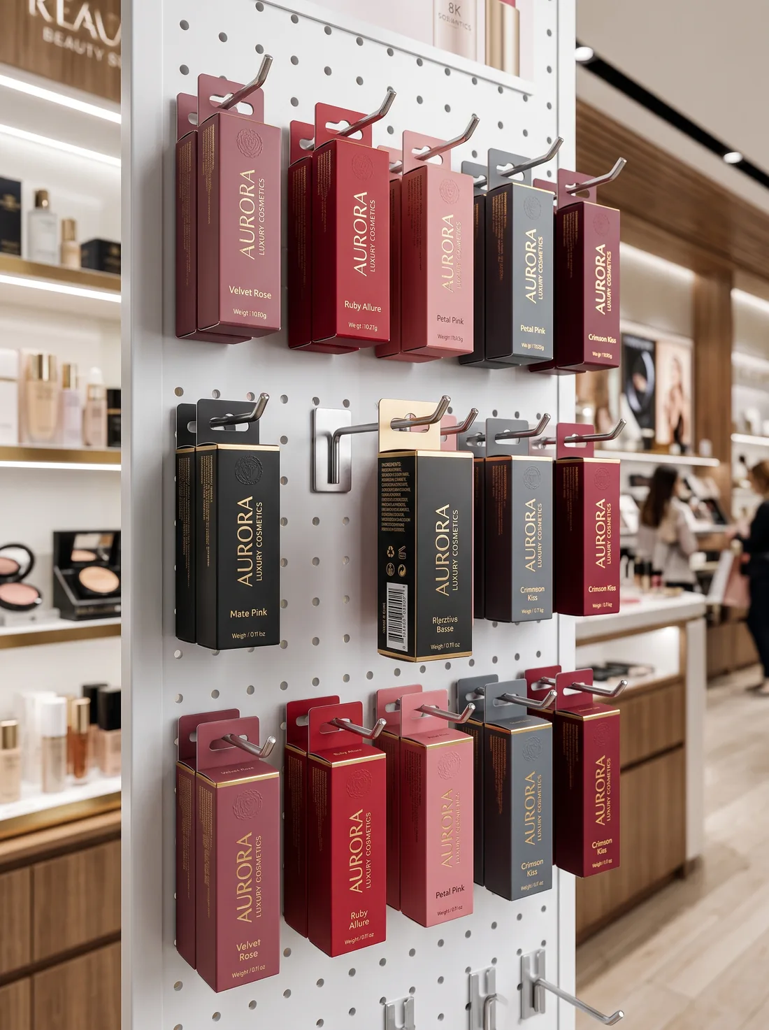 Lipstick boxes with hang tabs on a pegboard retail display