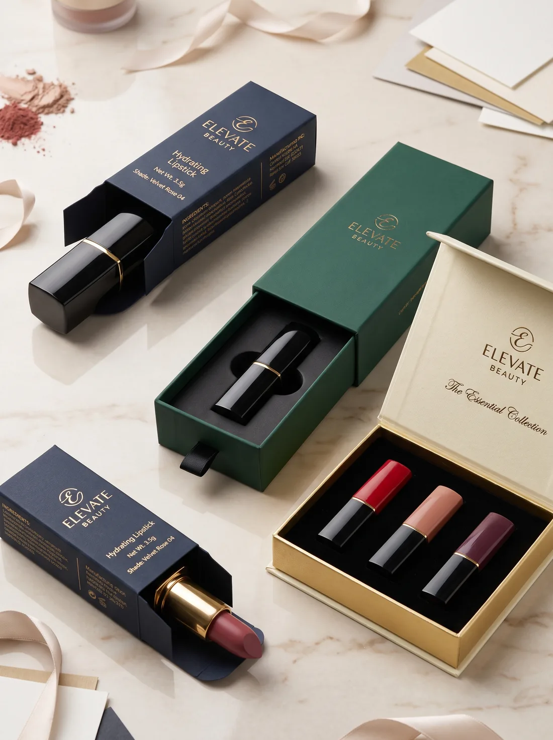 Lipstick boxes showing ingredient list, net weight, and shade name printed on the panel