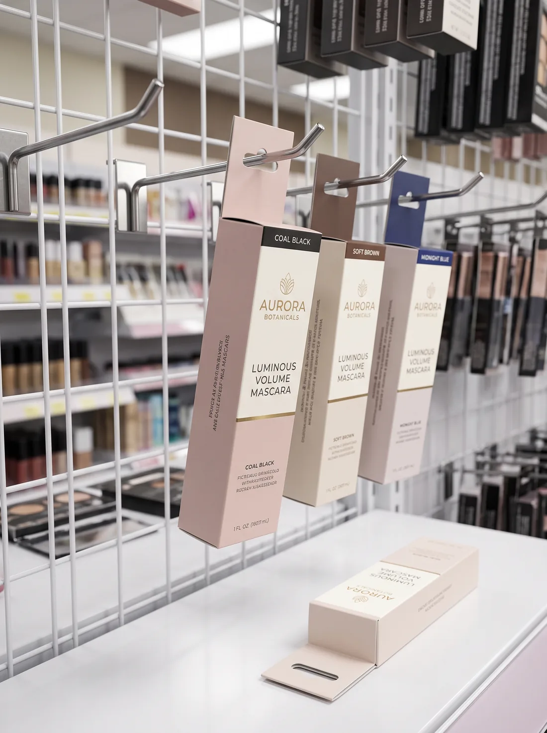 Mascara boxes with extended back panel hanging on a wire rack