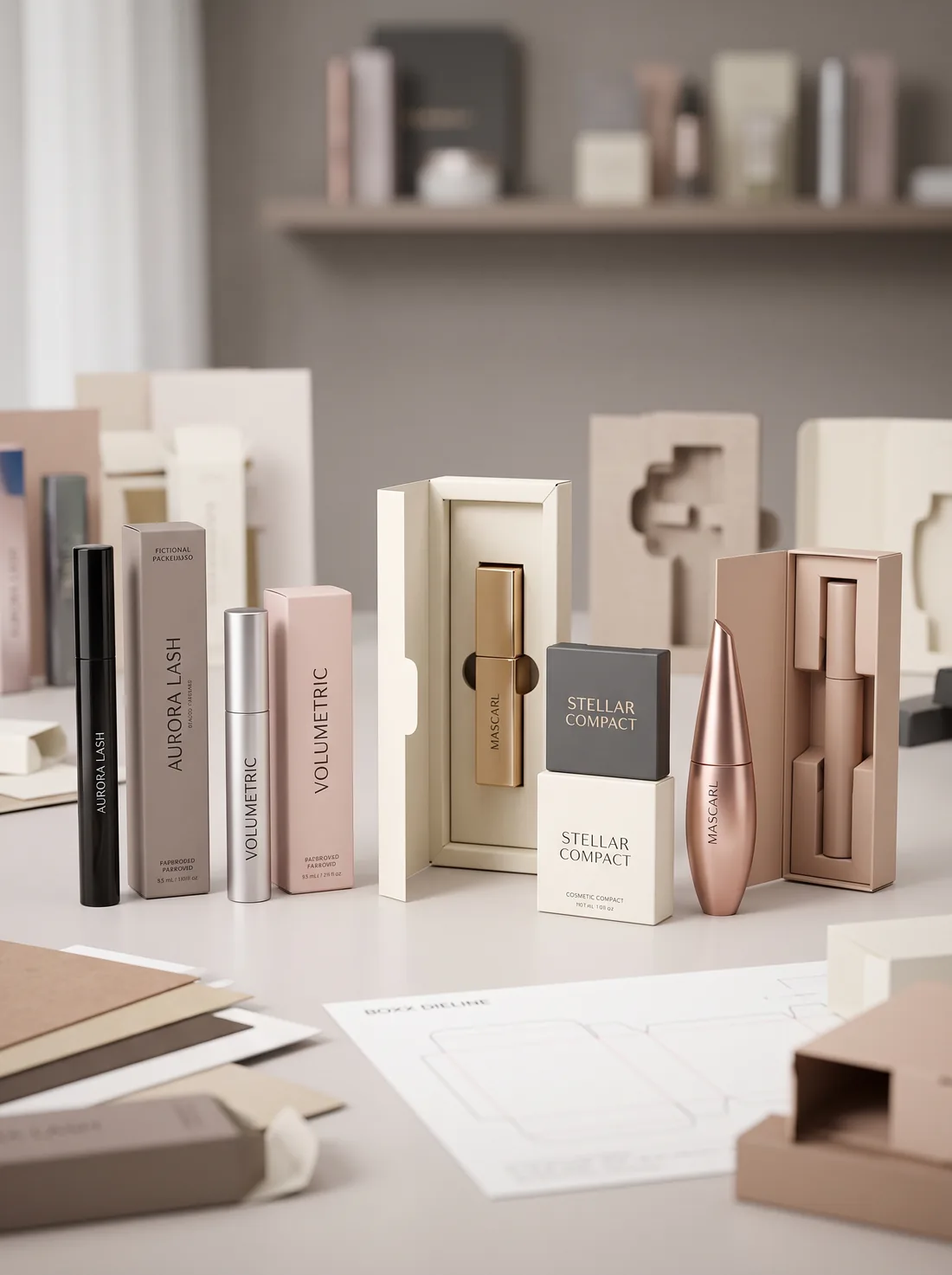 Tube-shaped and compact-container mascaras with dielines