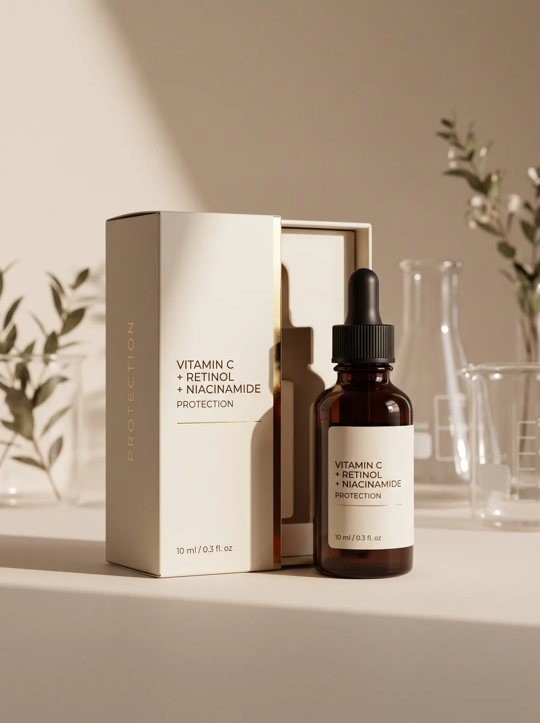 Solid serum box next to a dropper bottle with light-sensitive actives