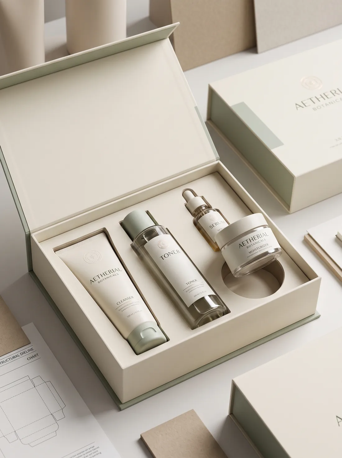 Skincare gift set with cleanser, toner, serum, and moisturizer in a divider tray