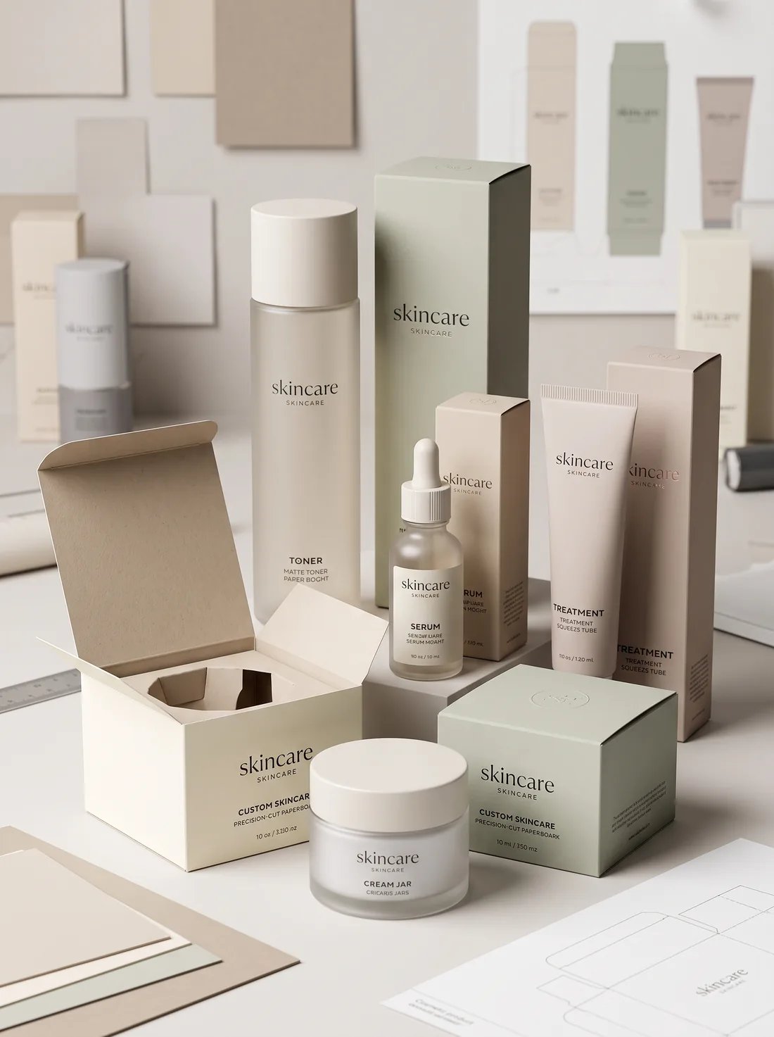 Skincare products in jars, bottles, dropper bottles, and tubes