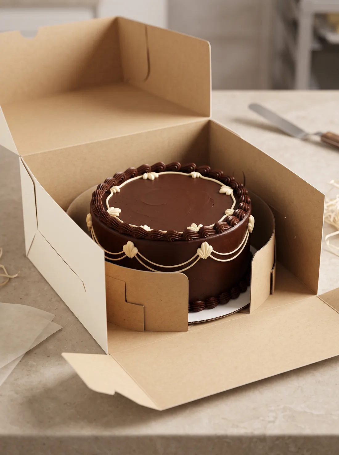 A decorated chocolate cake held in a fitted card insert