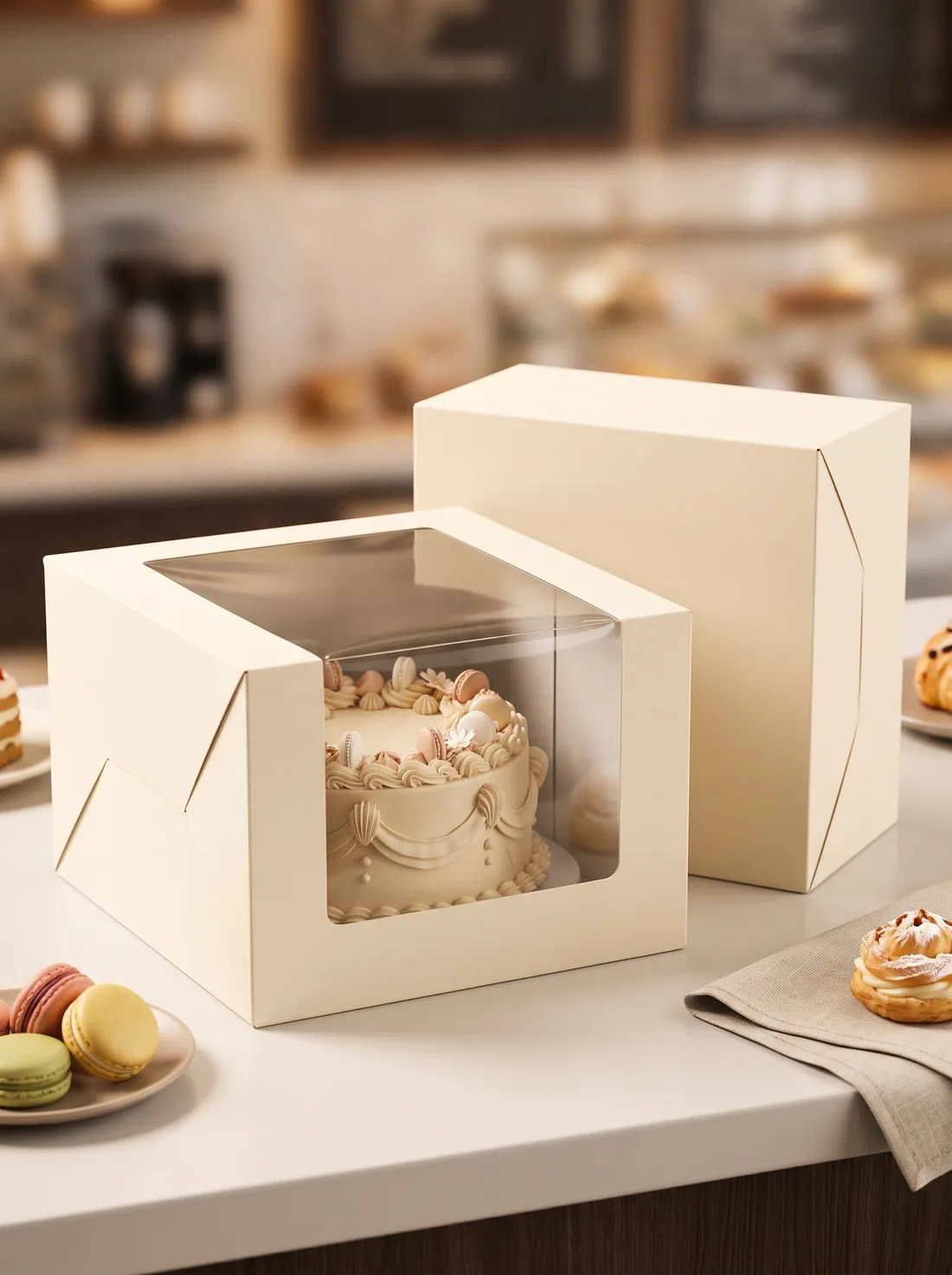 Decorated cake in a window box next to a solid lid box