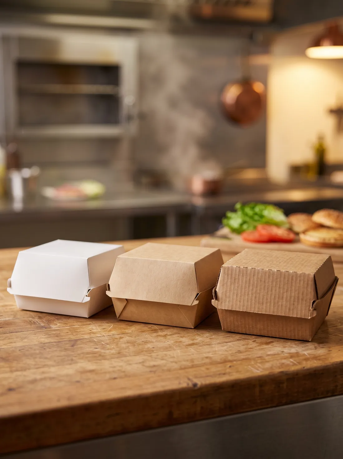 Three burger boxes in foam, kraft, and corrugated variants