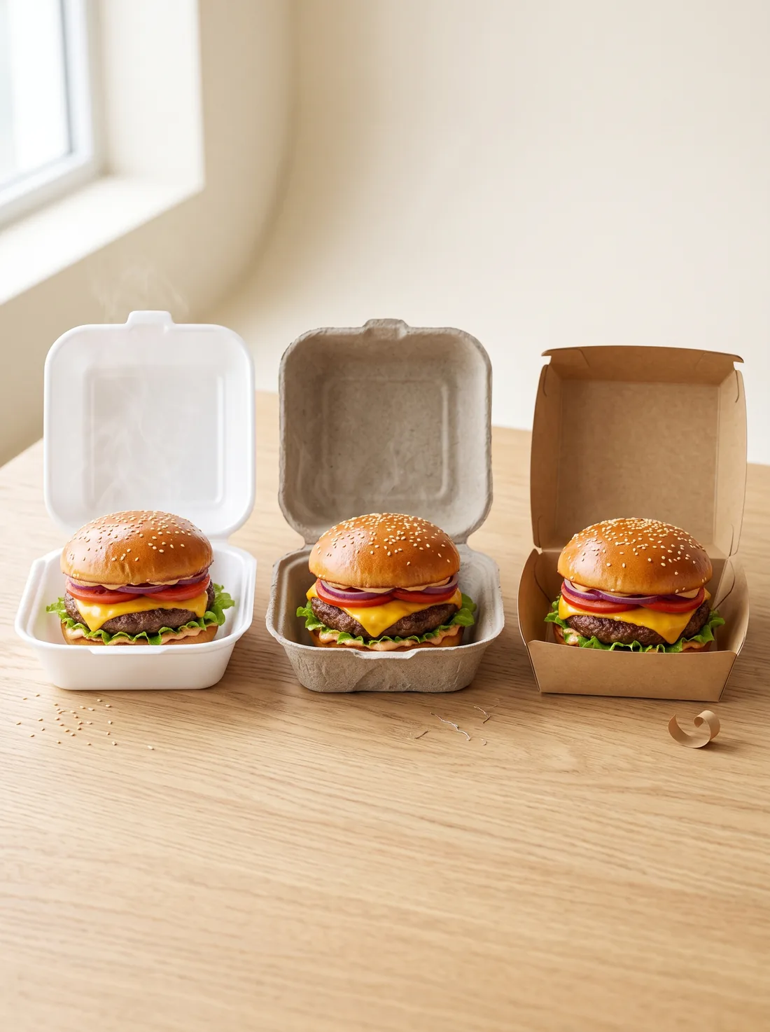 Foam, molded fiber, and kraft clamshell burger boxes side by side