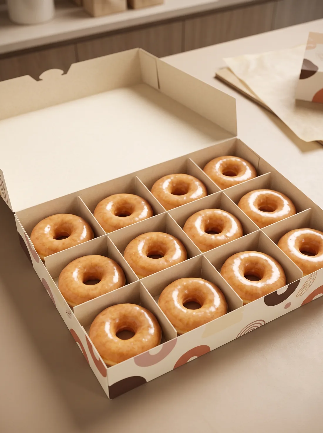A dozen glazed donuts each held in their own compartment divider