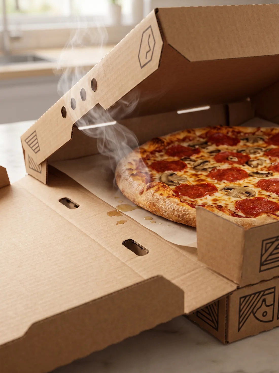 Pizza box with steam vents releasing steam and grease-resistant liner