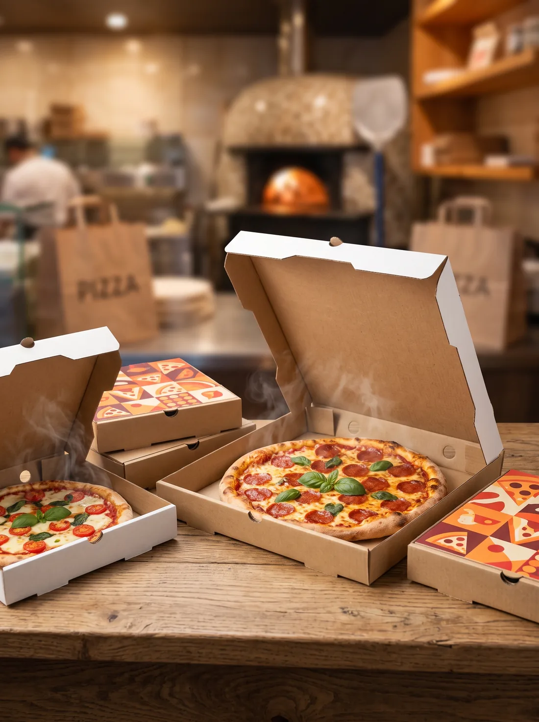 Pizza boxes with steaming pizzas in a pizzeria kitchen