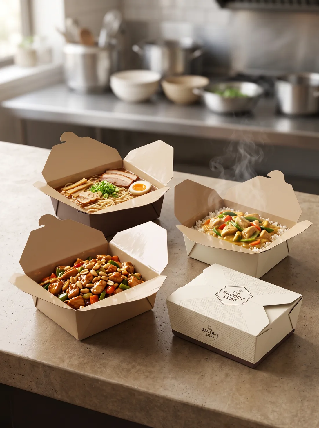 Takeout boxes holding noodle soup, saucy chicken, and rice dishes