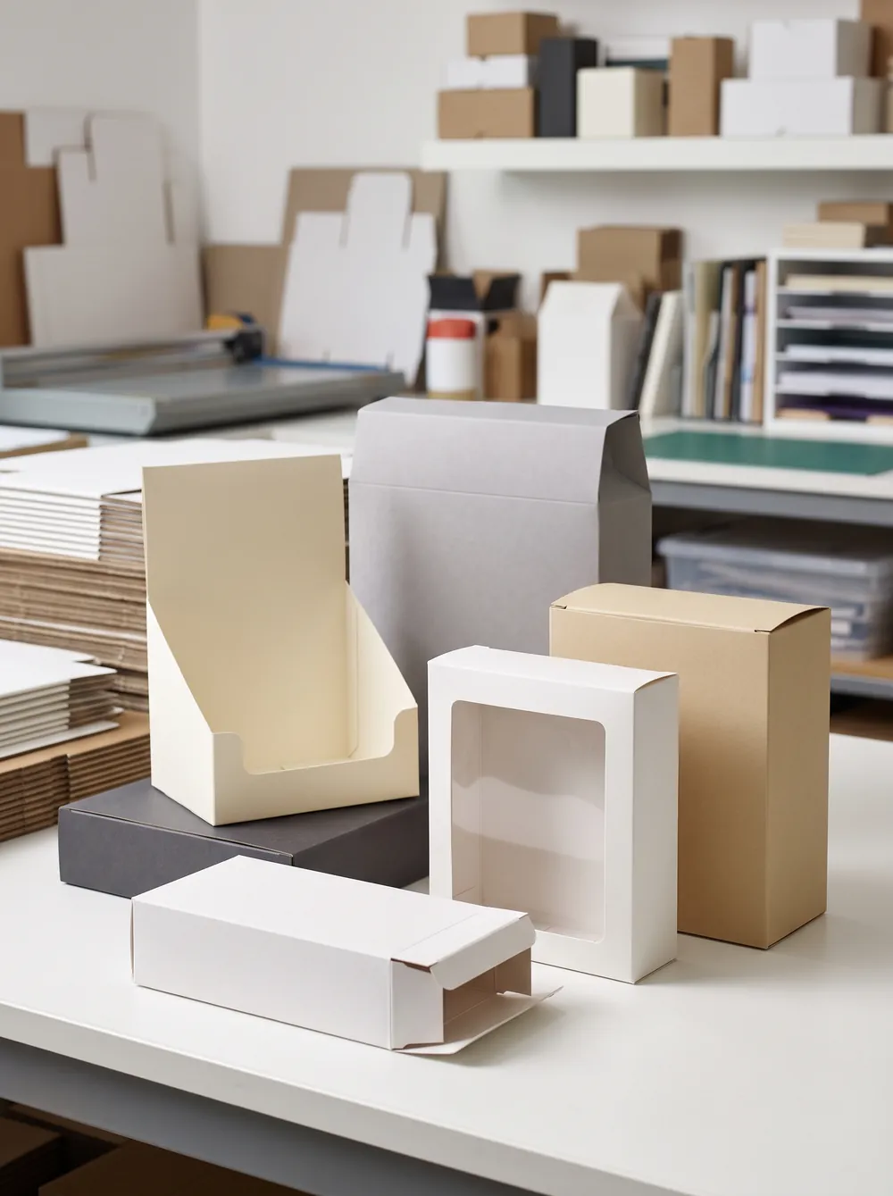 Display box, gable box, and window box built in paperboard