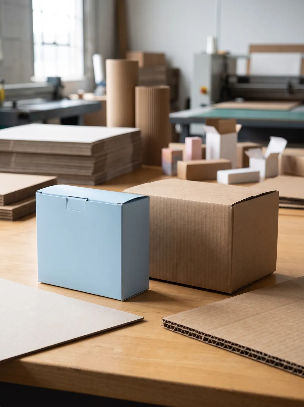 Paperboard box next to a corrugated box with material samples