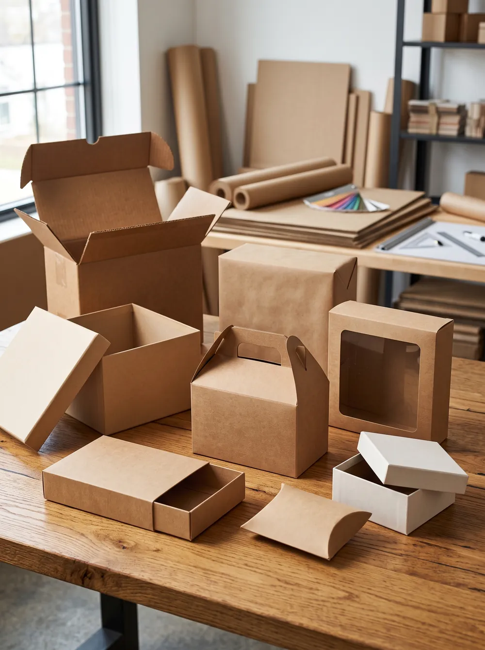 Kraft paper rolls and boxes made from kraft board across different structures