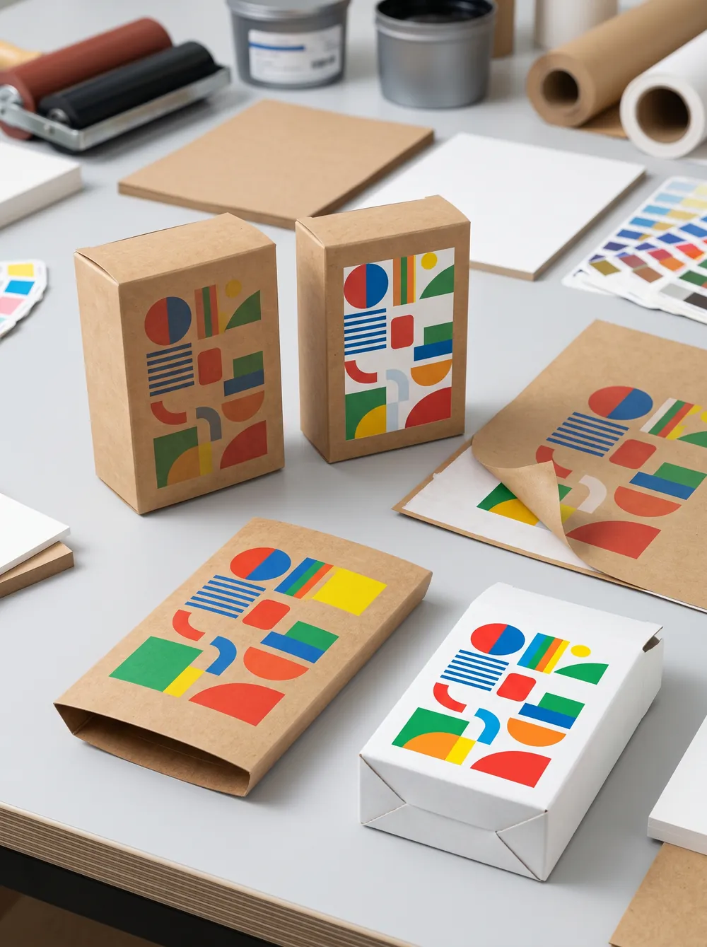 The same colourful design printed on kraft board versus white board