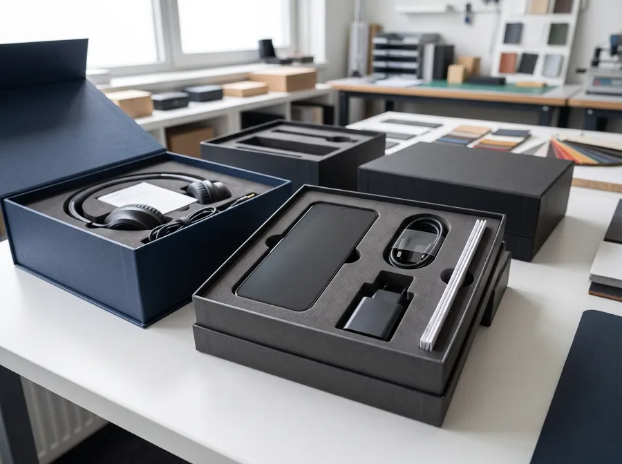Electronics packaged in rigid boxes with foam inserts