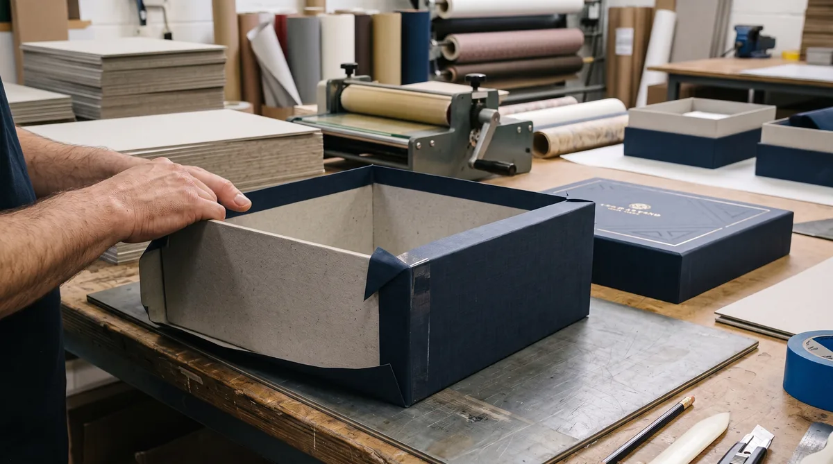 Printed wrap paper being glued around a rigid box core