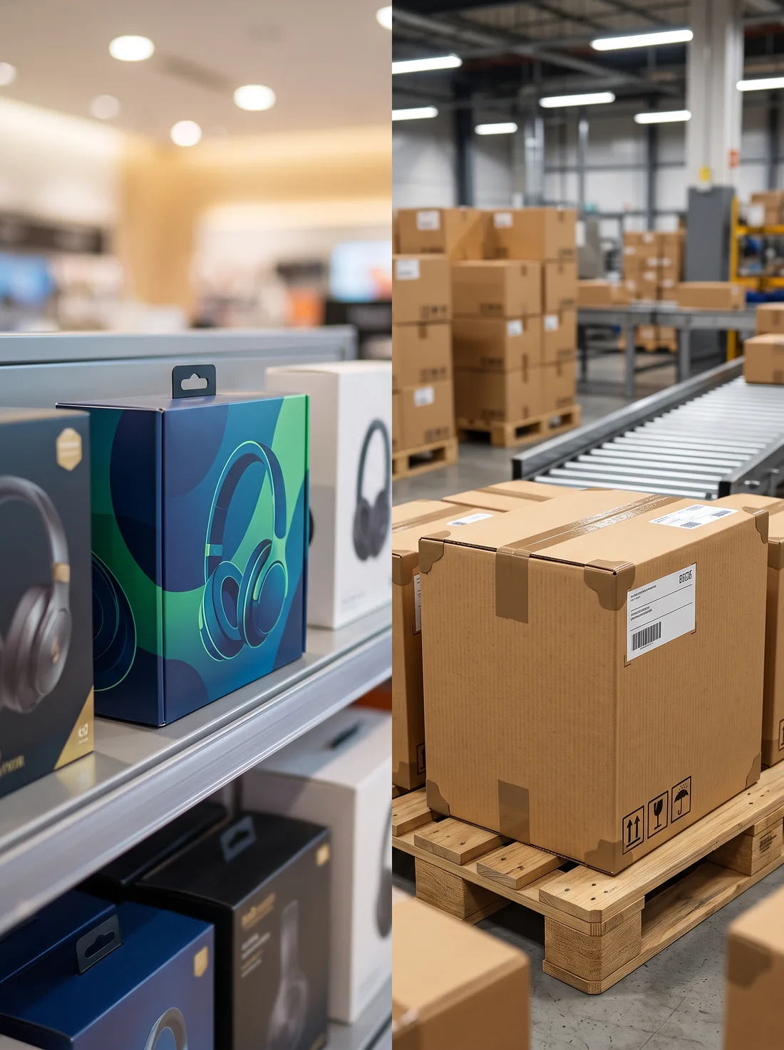 Retail headphone boxes on a store shelf next to reinforced corrugated shipping boxes on a pallet