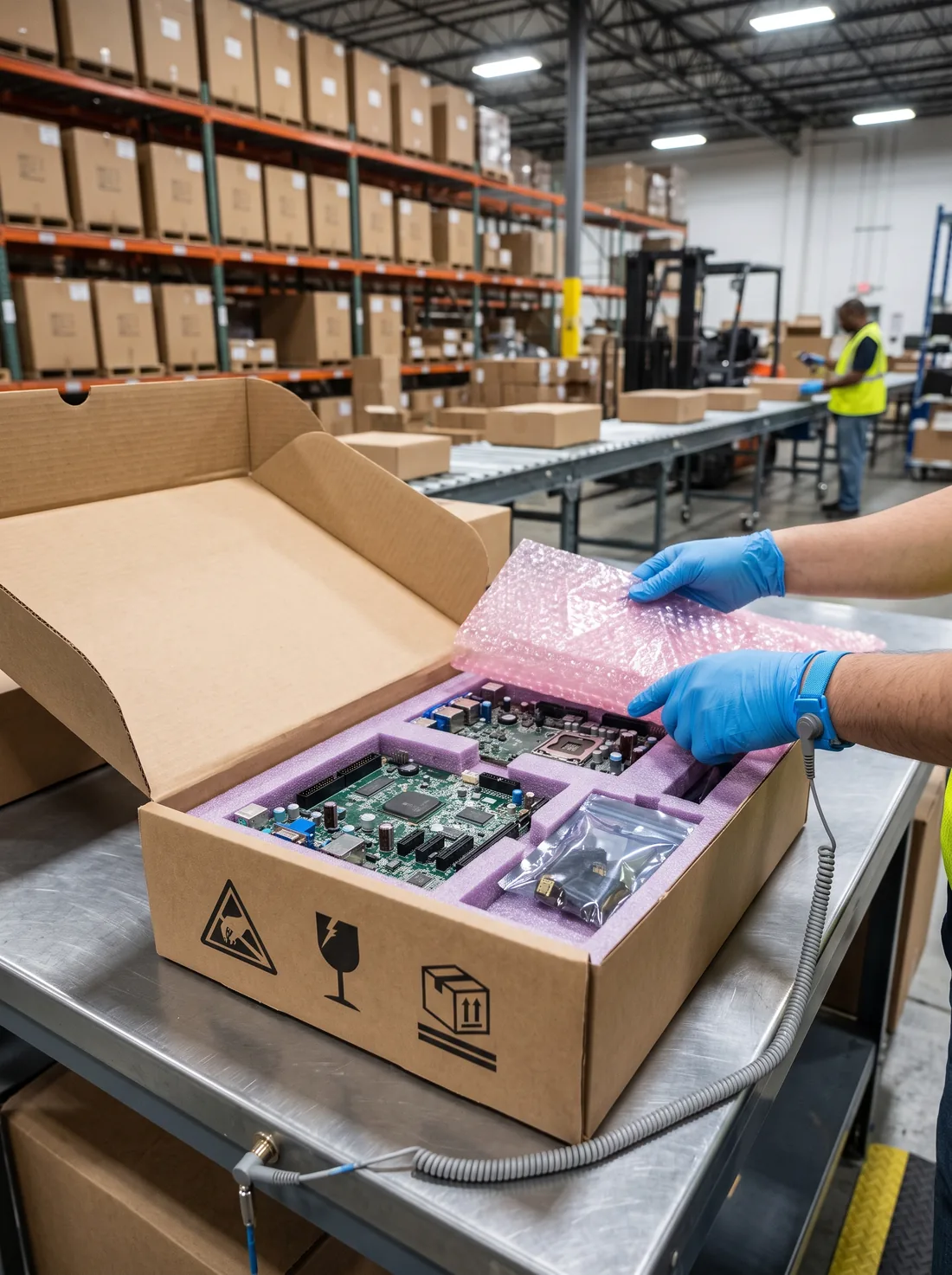 Circuit board packed in anti-static foam with a grounding wrist strap and ESD warning icons on the box