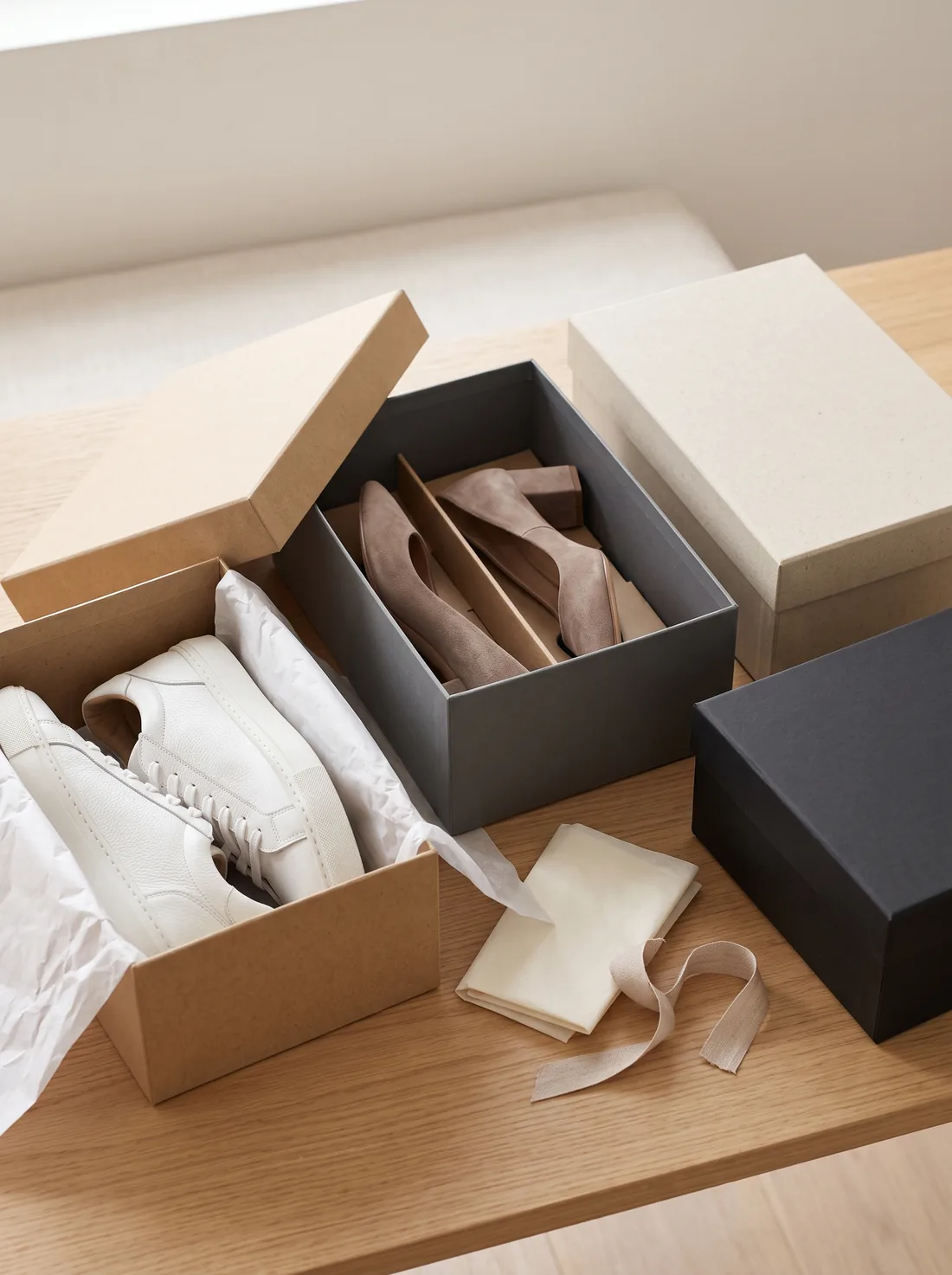 Different sized shoe boxes holding a pair of sneakers and a pair of heels
