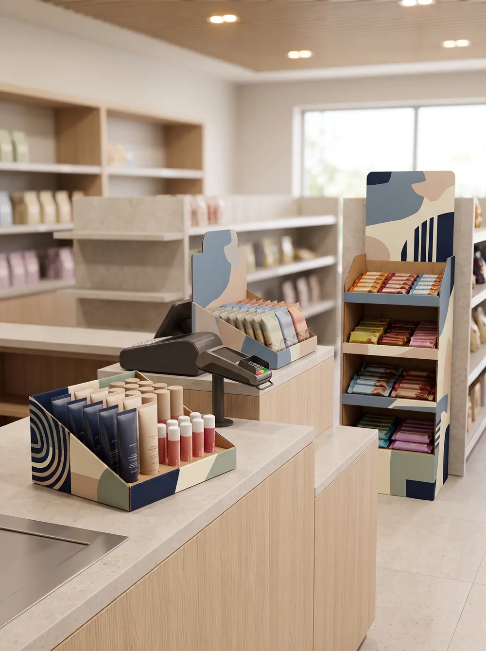 Counter display units without a tall header next to a floor display with a header card