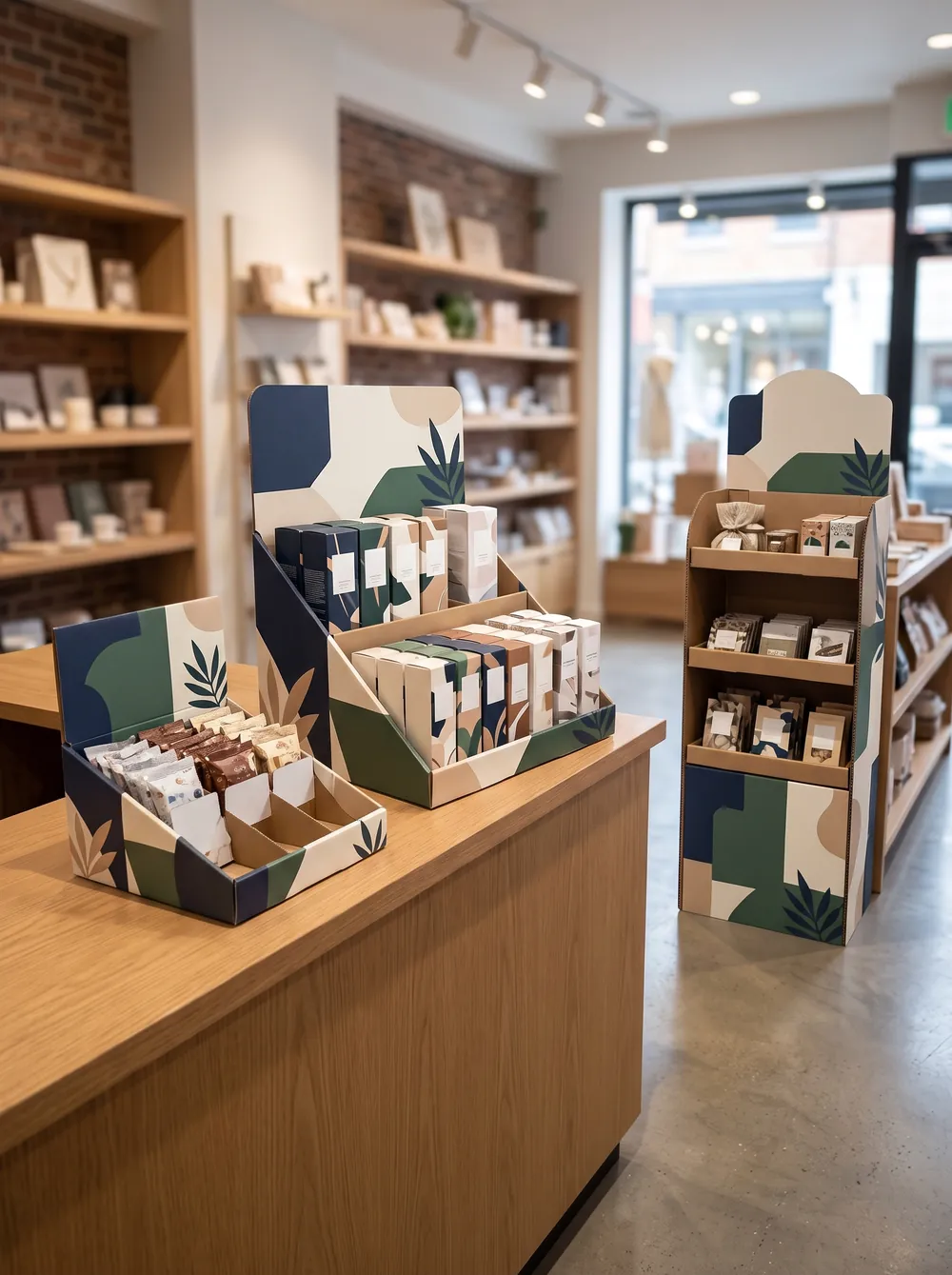 Counter and floor display boxes in a retail store