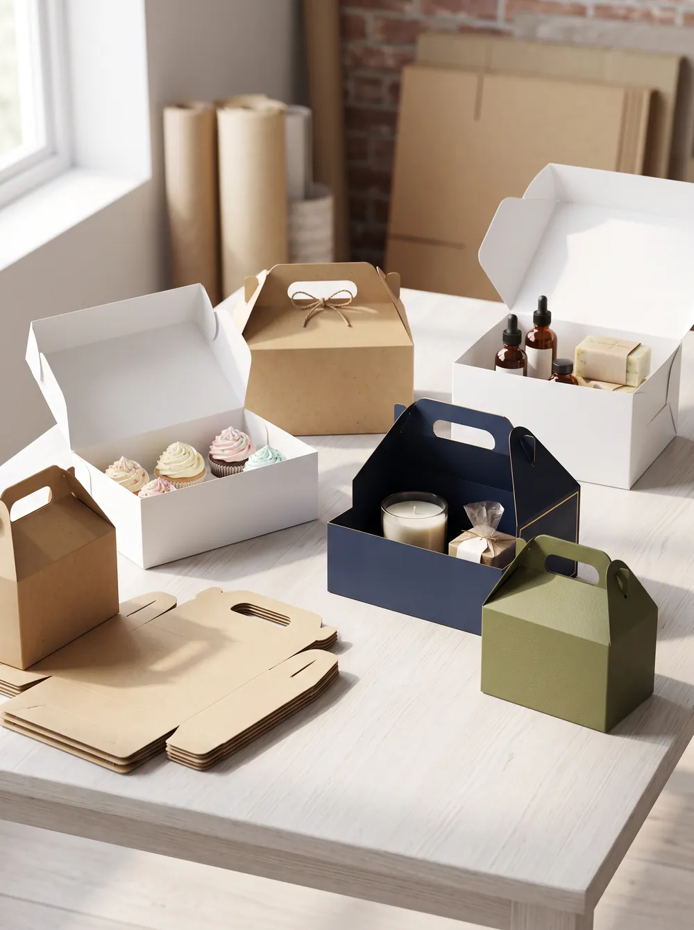 Gable boxes with peaked barn-style tops and built-in handles