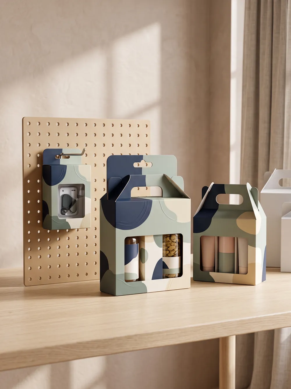 Hang tab boxes on a pegboard display next to gable handle carriers