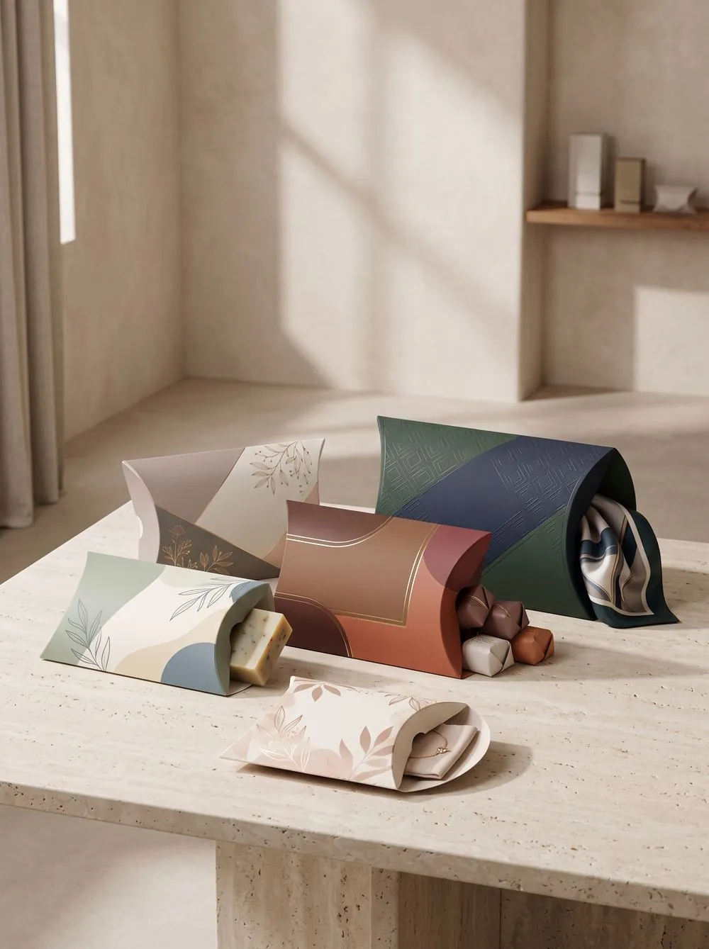 Products and sizes that fit a pillow box, jewelry, cosmetics, and confectionery