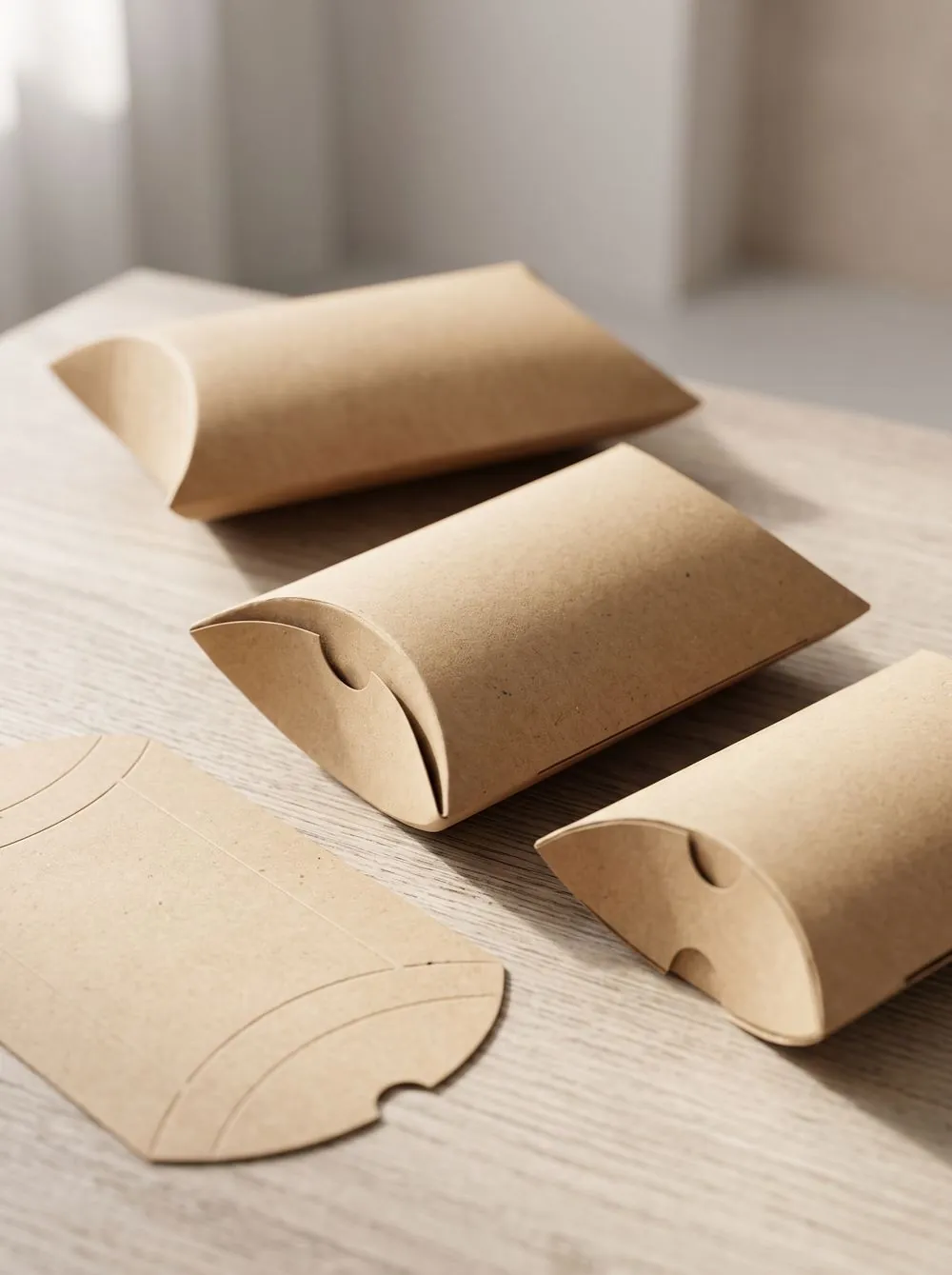 Pillow boxes showing the die-cut curve that holds their shape