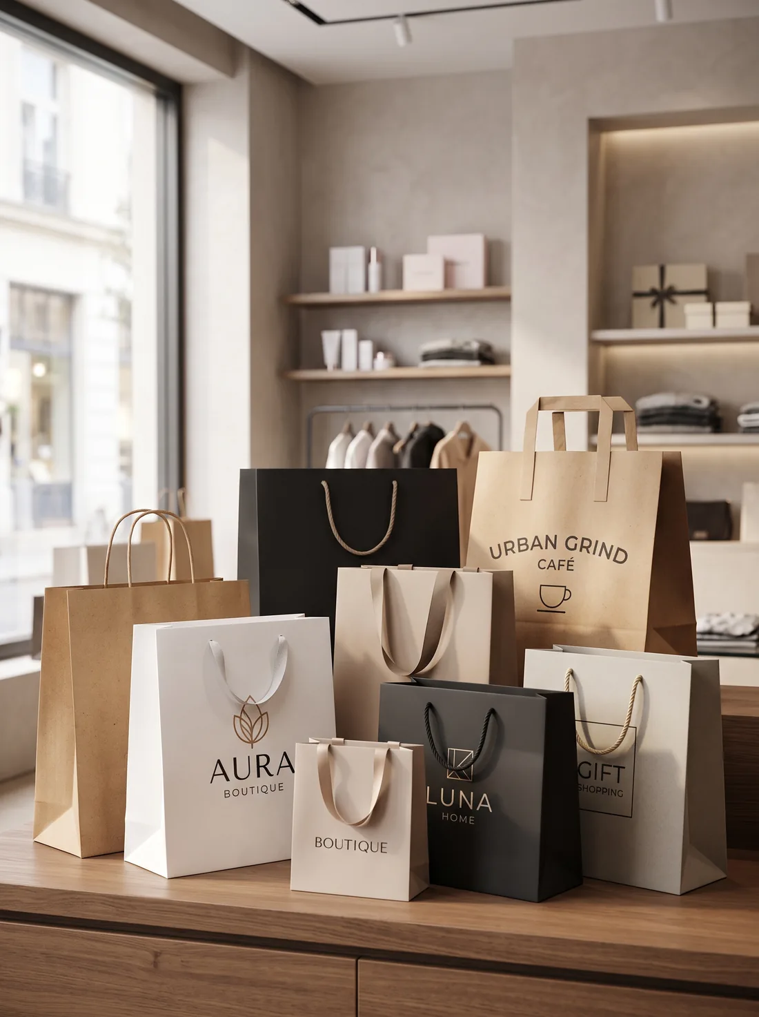 Custom printed shopping bags with kraft and colored handles