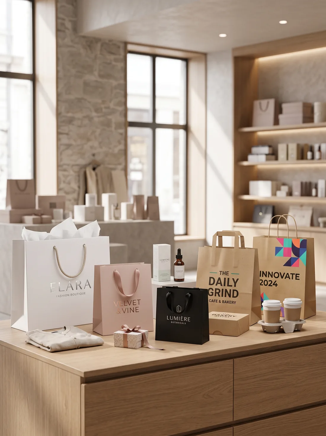 Retail, cosmetic, and bakery shopping bags built for different buyers
