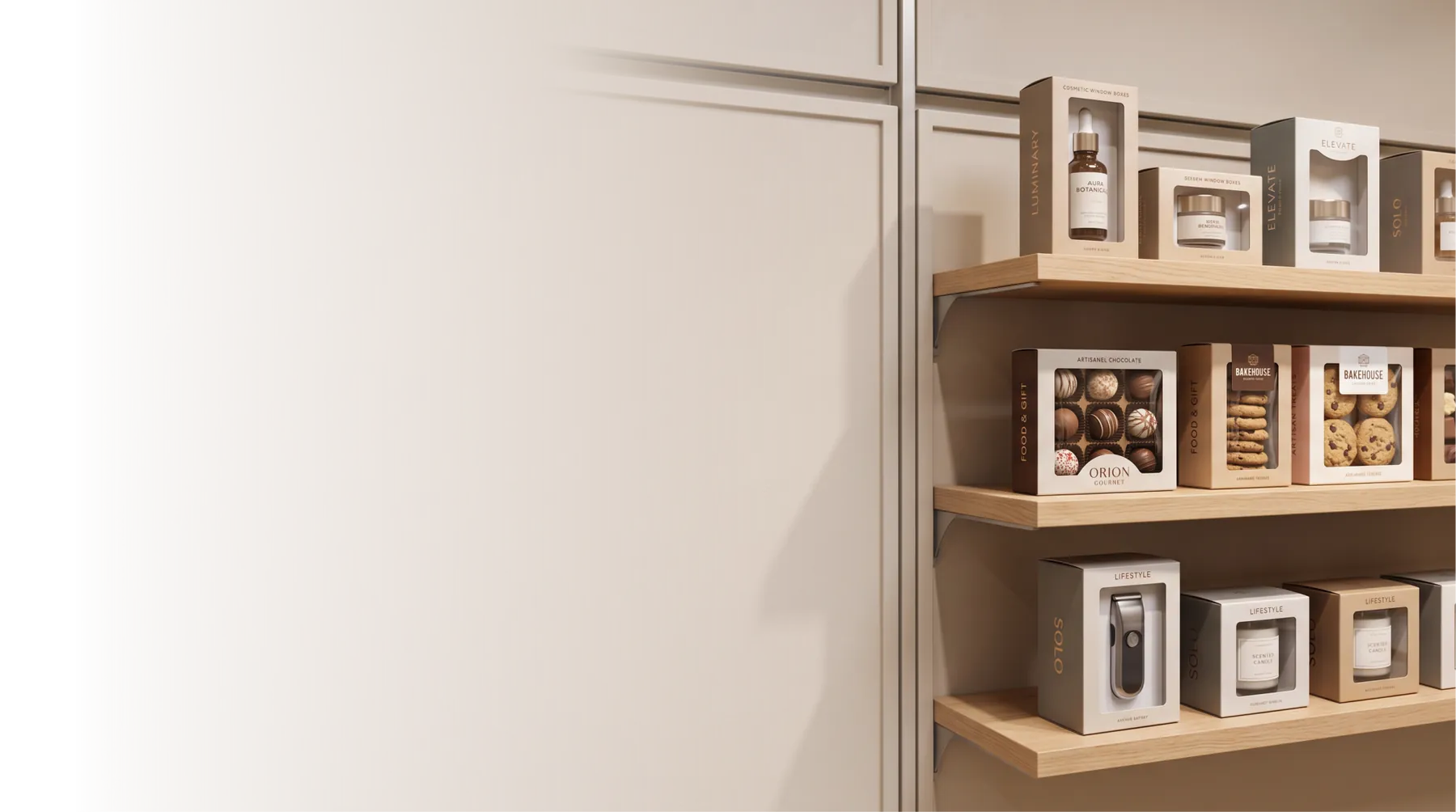 Custom window boxes on a retail shelf
