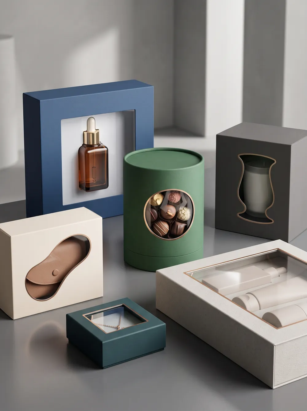 Window boxes with square, round, and custom die-cut window shapes