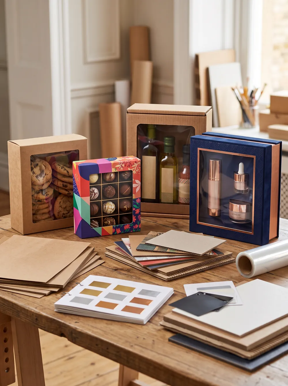 Kraft, cardboard, corrugated, and rigid window box materials with print swatches